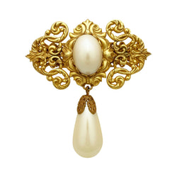 Miriam Haskell Gold Cartouche Pearl Drop Brooch - Somptuaire