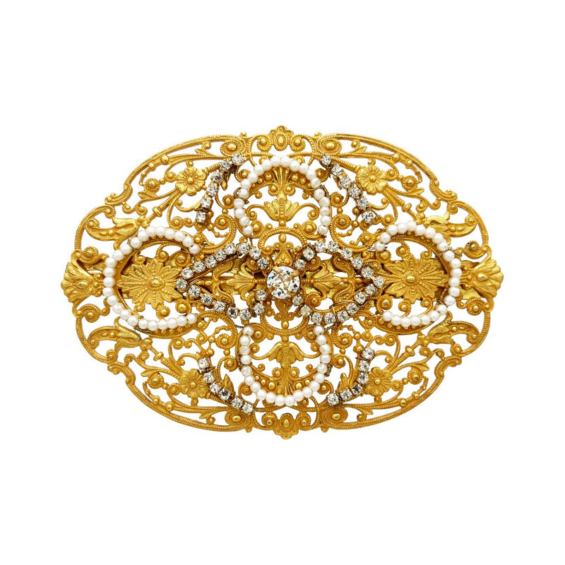 Miriam Haskell Gold Filigree Pearl & Diamanté Brooch - Somptuaire