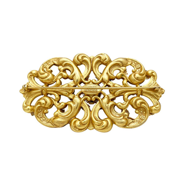 Miriam Haskell Gold Scroll Cartouche Pearl Brooch - Somptuaire