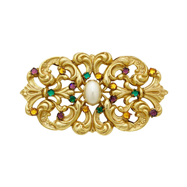 Miriam Haskell Gold Scroll Cartouche Pearl Brooch - Somptuaire