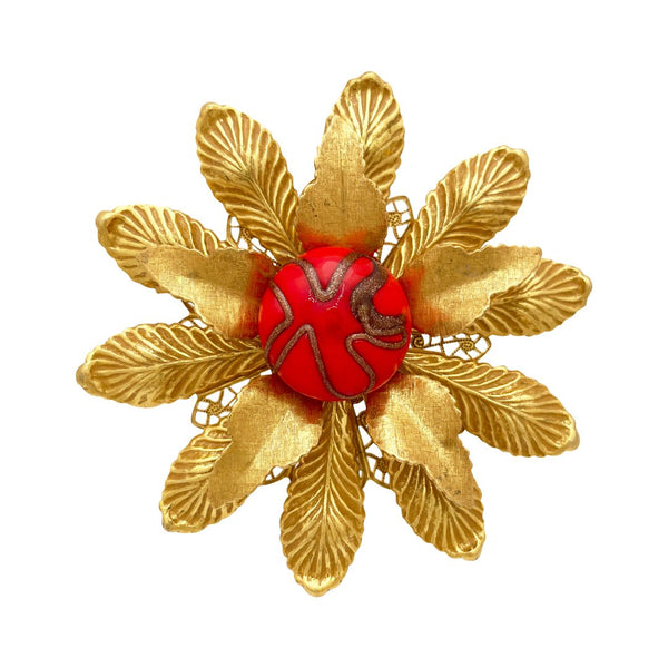 Miriam Haskell Gold Stamped Floral Pâte de Verre Brooch - Somptuaire